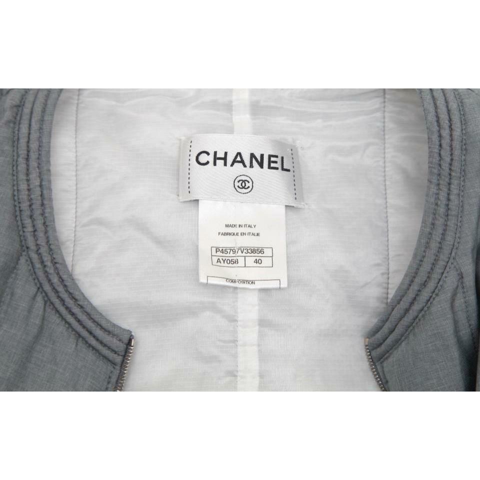 CHANEL Jacket Quilted Collarless Grey Blue Zipper Front Sz 40 Spring 2013 4