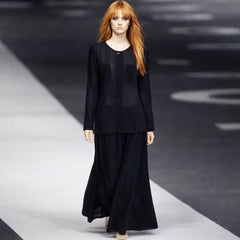 Chanel Jacket + Skirt Suit 2pc Sheer Wool Crepe Button Front Navy Blue 99P Sz 44