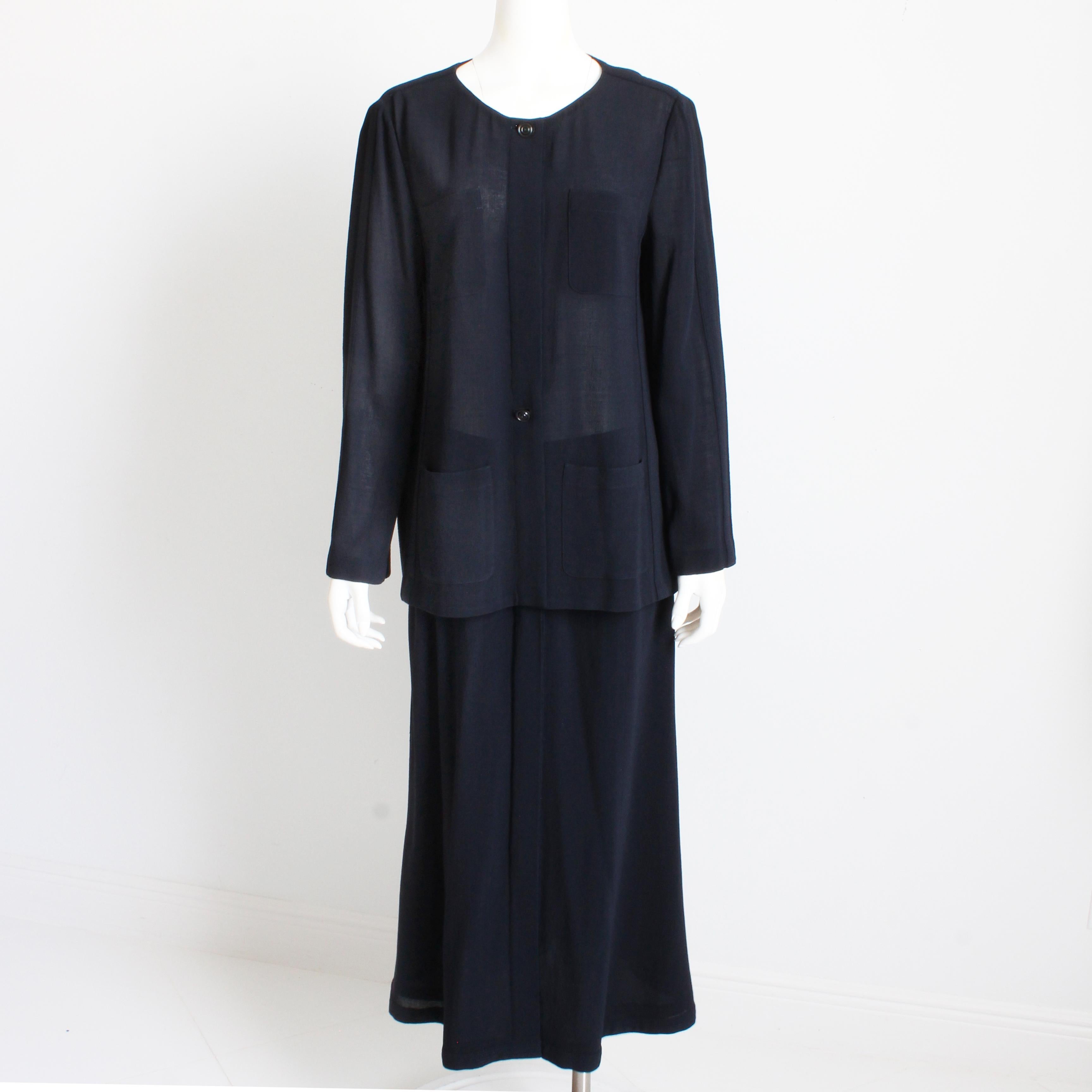 Black Chanel Jacket + Skirt Suit 2pc Sheer Wool Crepe Button Front Navy Blue 99P Sz 44 For Sale