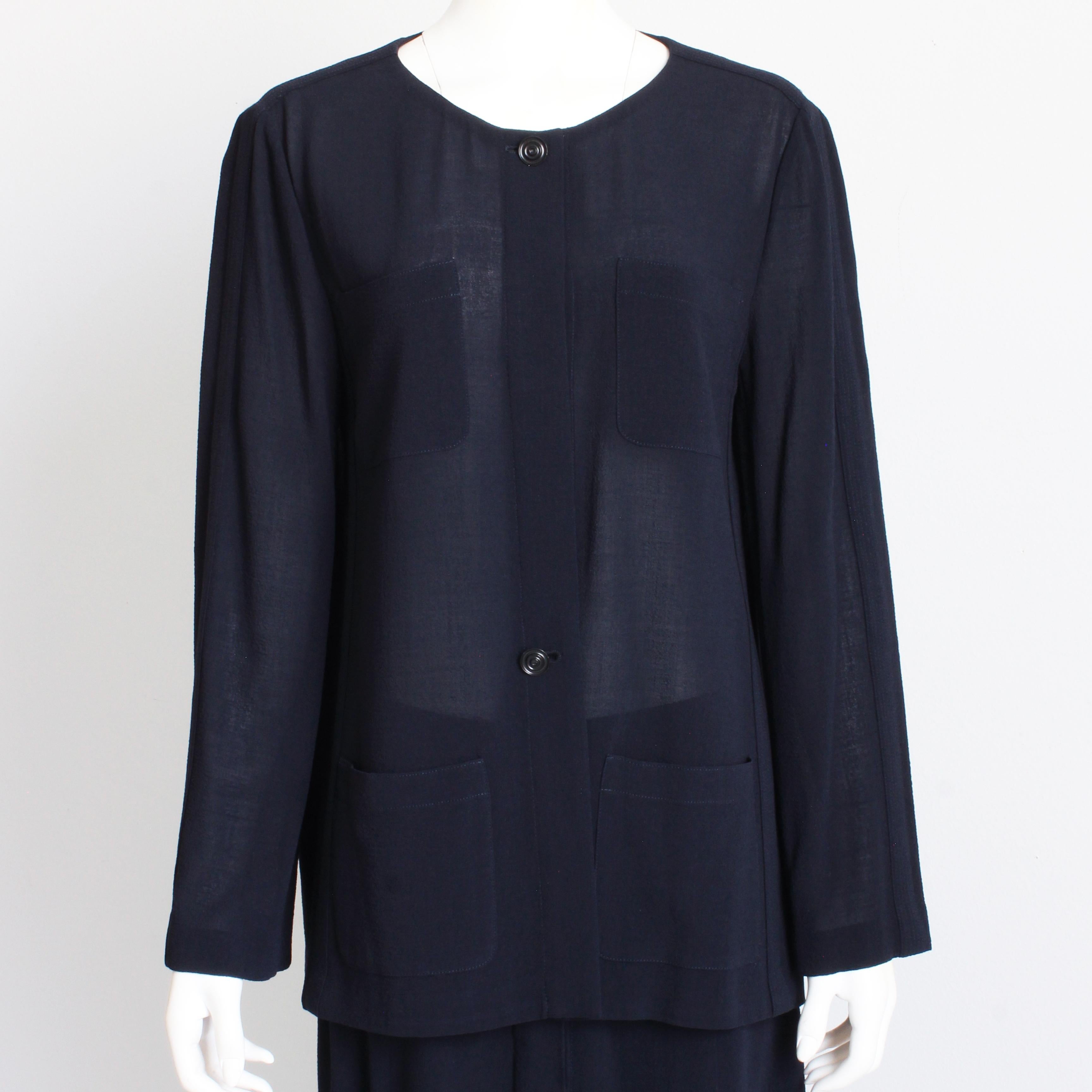 Chanel Jacket + Skirt Suit 2pc Sheer Wool Crepe Button Front Navy Blue 99P Sz 44 In Good Condition For Sale In Port Saint Lucie, FL