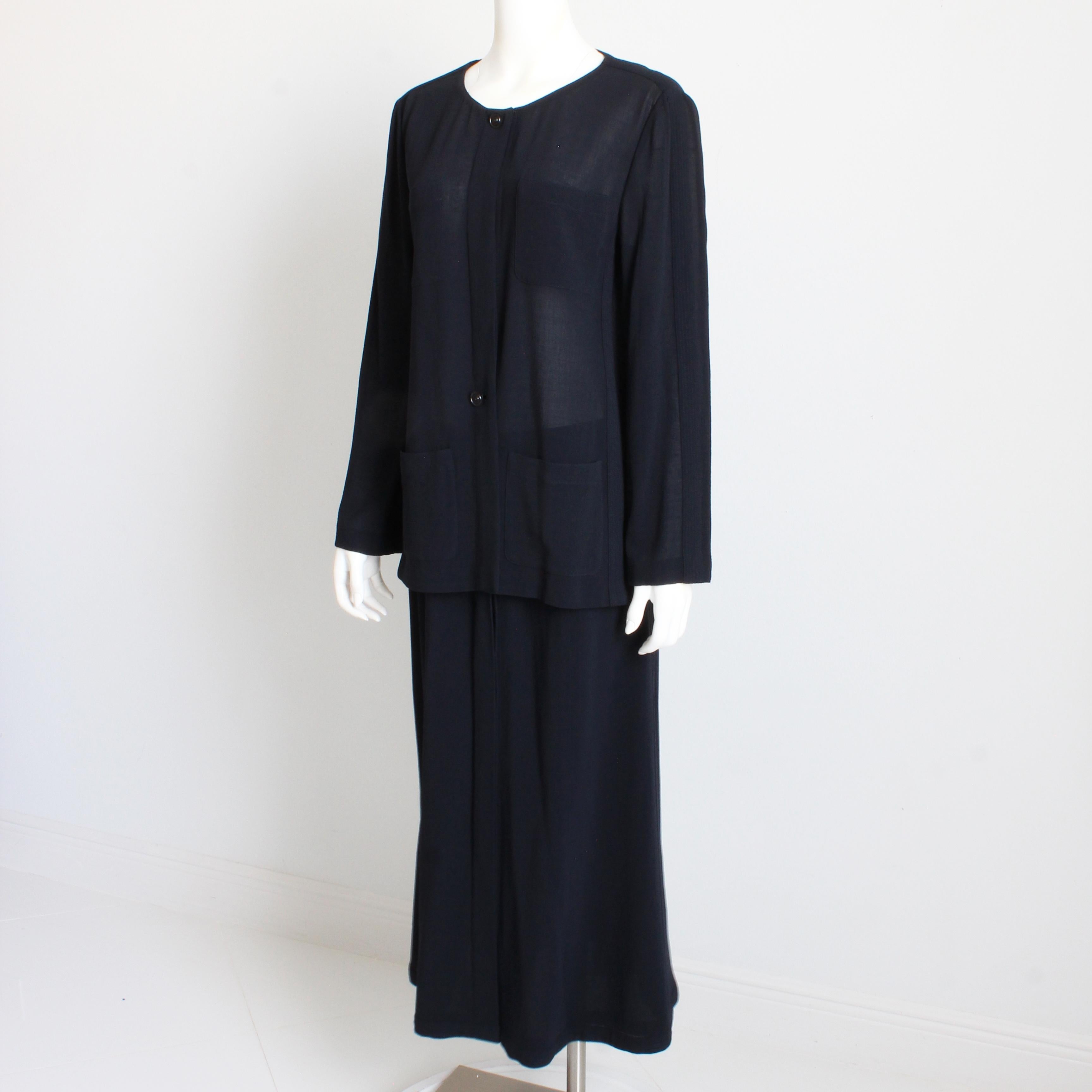 Chanel Jacket + Skirt Suit 2pc Sheer Wool Crepe Button Front Navy Blue 99P Sz 44 For Sale 1