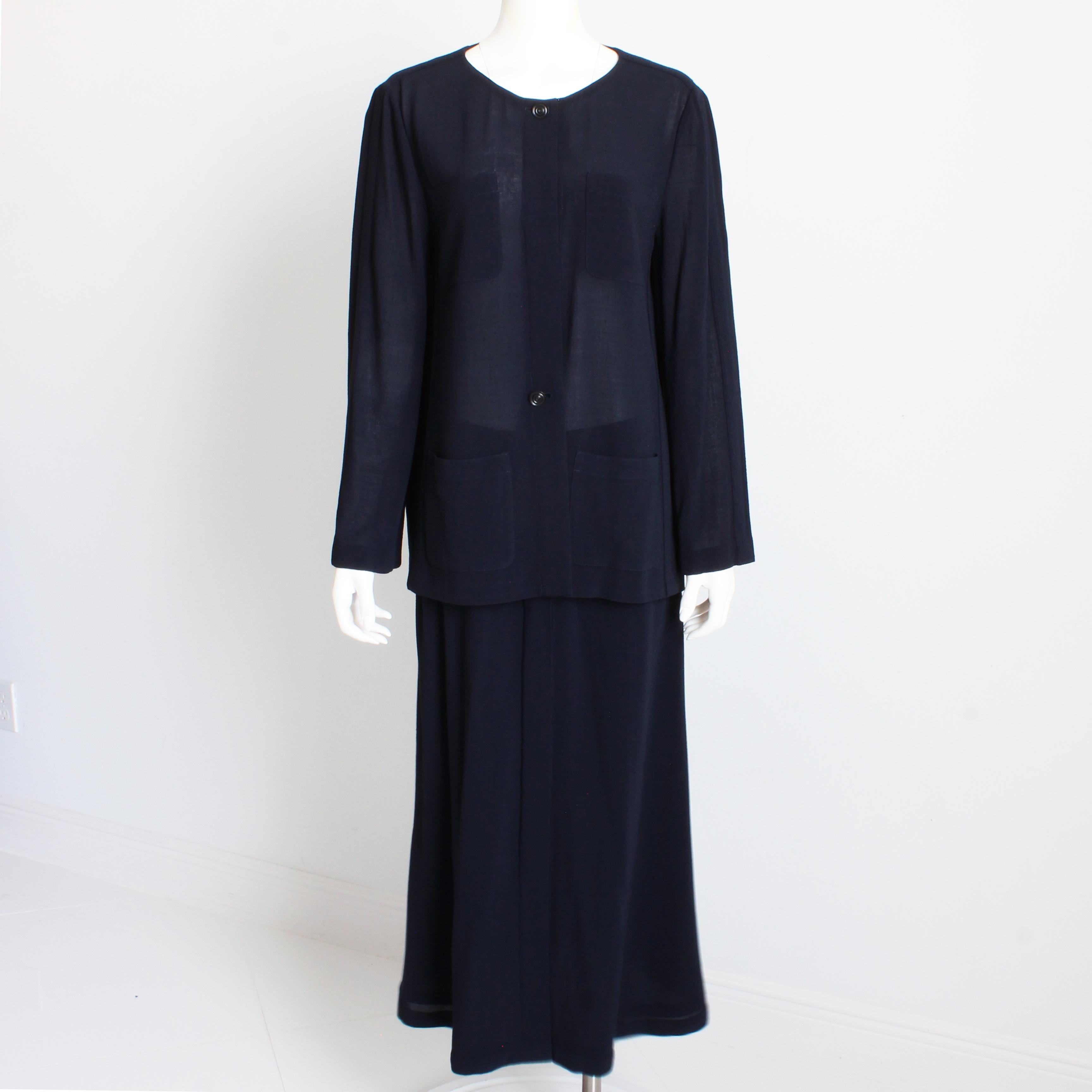 Chanel Jacket + Skirt Suit 2pc Sheer Wool Crepe Button Front Navy Blue 99P Sz 44 For Sale 2