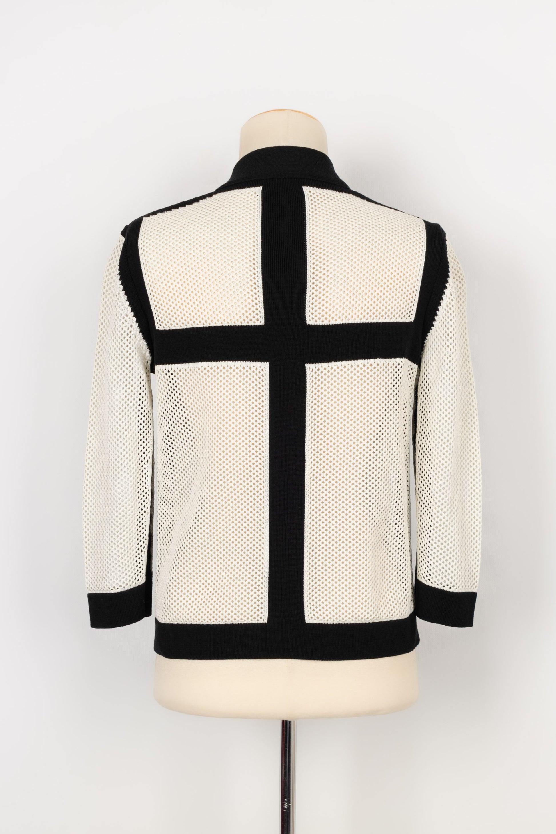 Beige Chanel Jacket-Style Zipped Top in Black and White Mesh For Sale