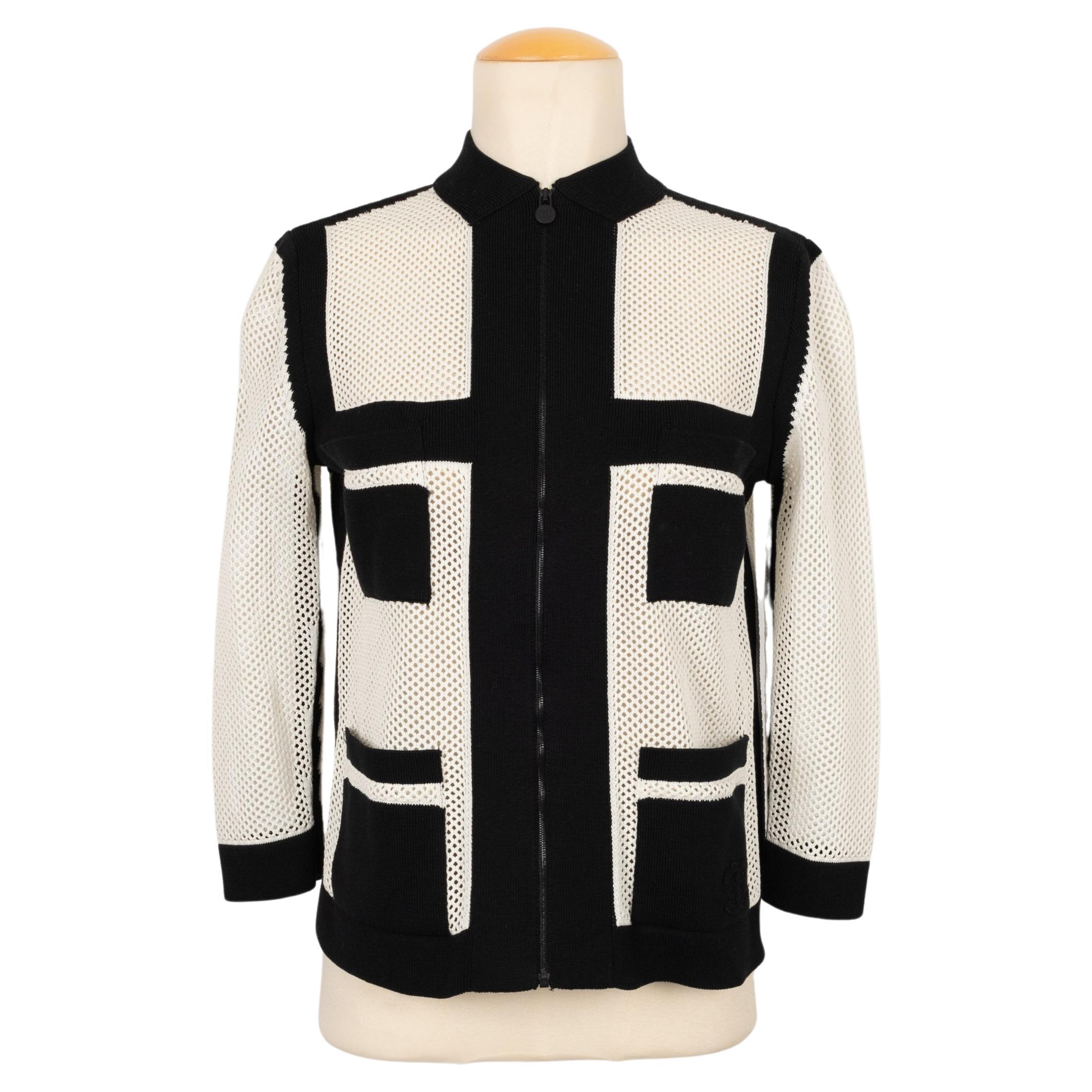 Chanel Jacket-Style Zipped Top in Black and White Mesh For Sale
