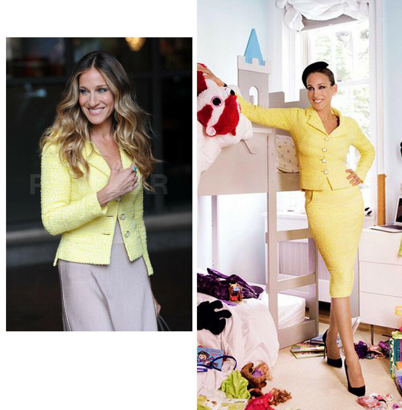 Stunning and recognisable Chanel yellow ribbon tweed suit - as seen on Sarah Jessica Parker!
From Catwalk of La Riviera Cruise Collection in Saint-Tropez.
- fabulous CC logo jewel buttons embellished with crystals. 
Size mark for both items 36 fr.