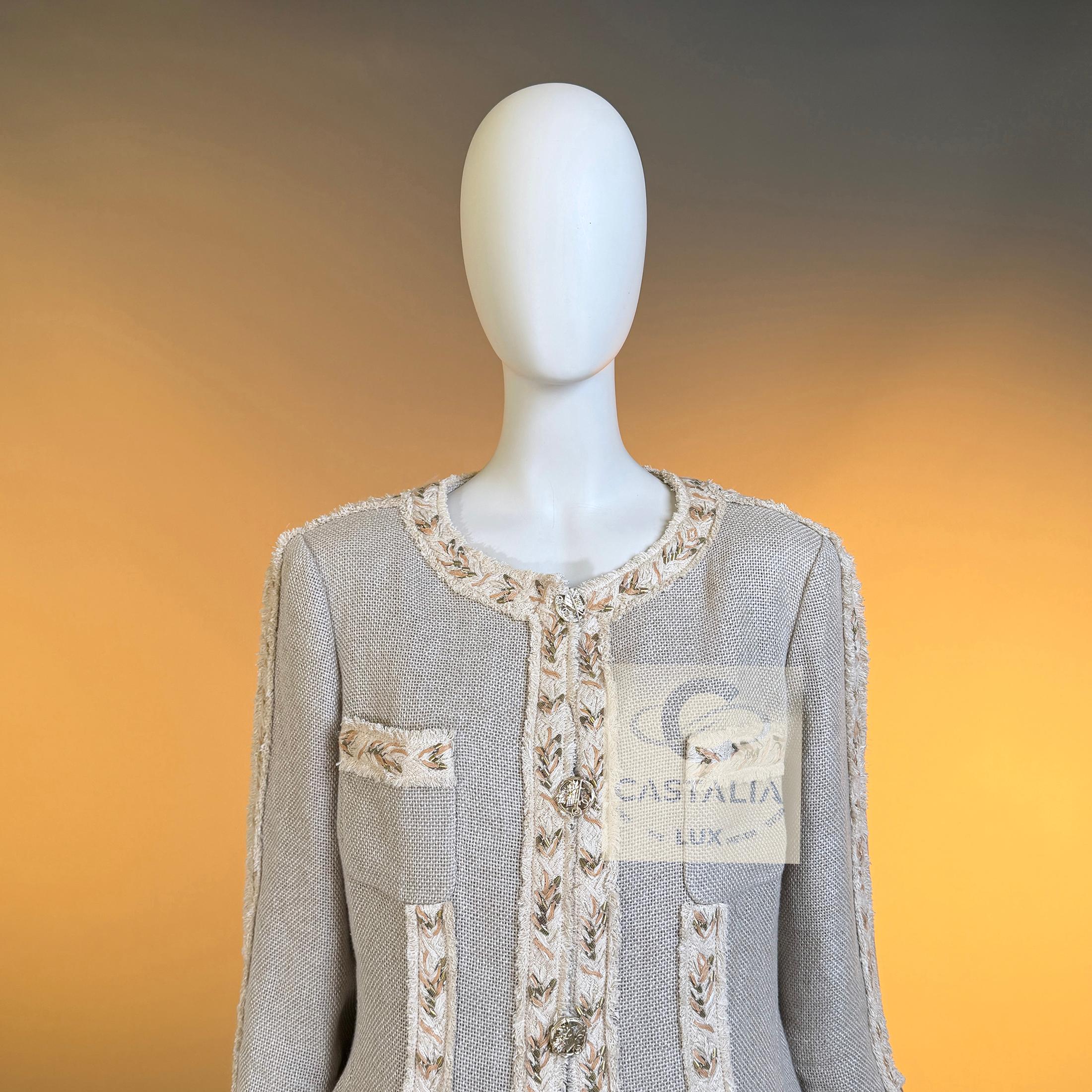 CHANEL Jewel Couture Stickerei Beige Leinenjacke 44 FR im Angebot 3