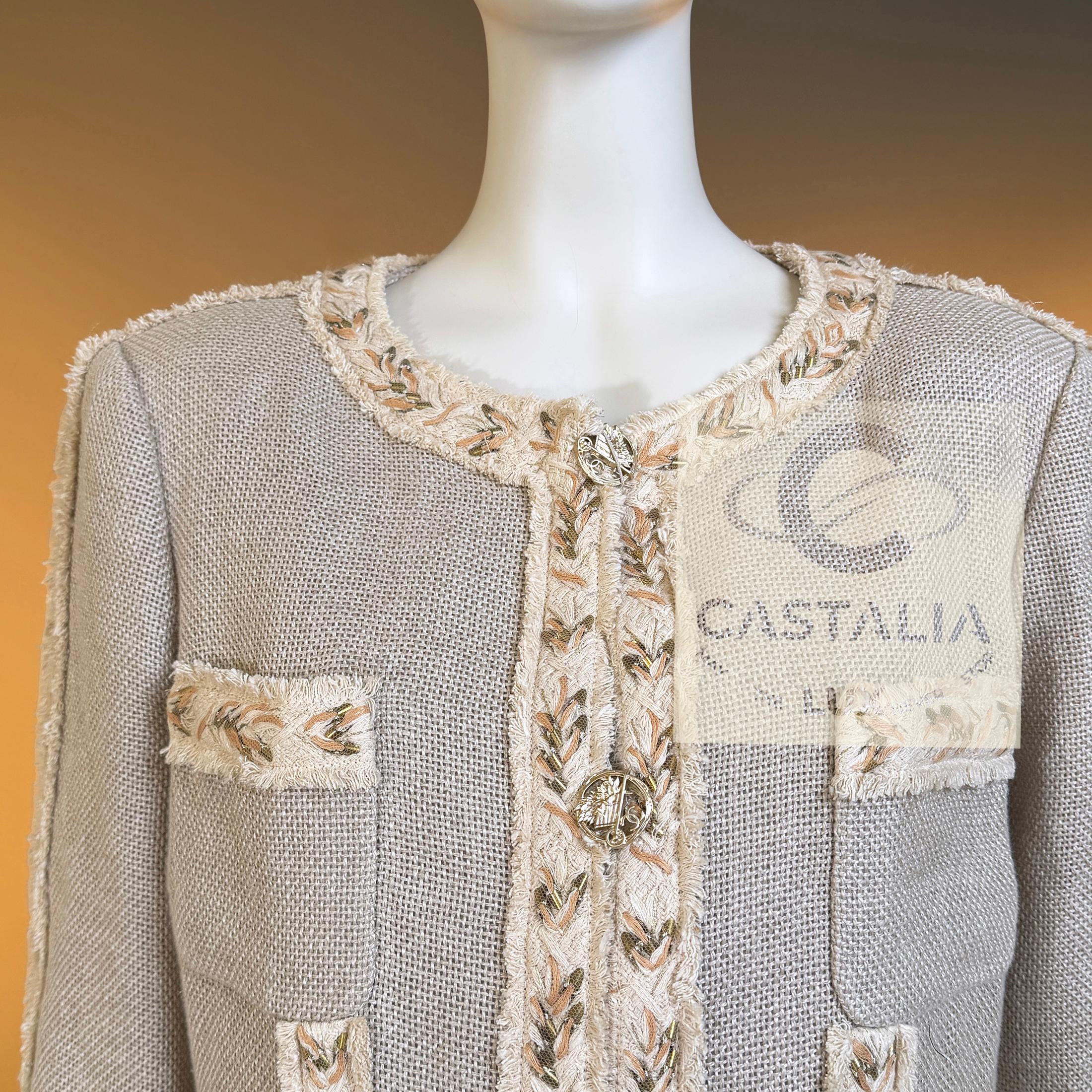 CHANEL Jewel Couture Stickerei Beige Leinenjacke 44 FR im Angebot 4
