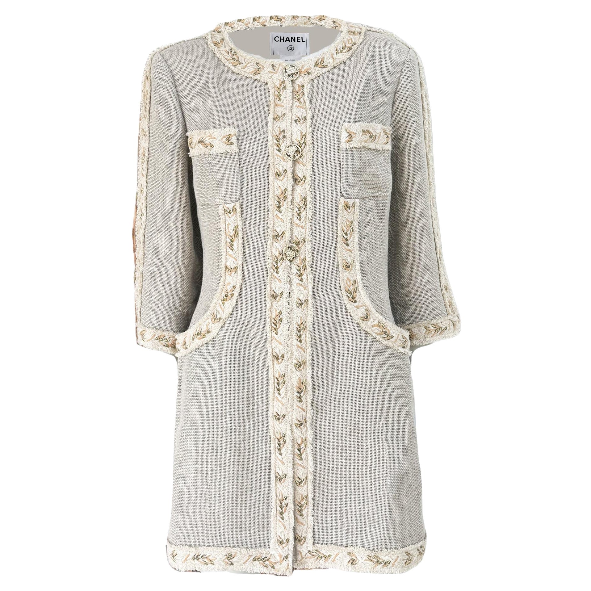 CHANEL Jewel Couture Embroidery Beige Linen Jacket 44 FR