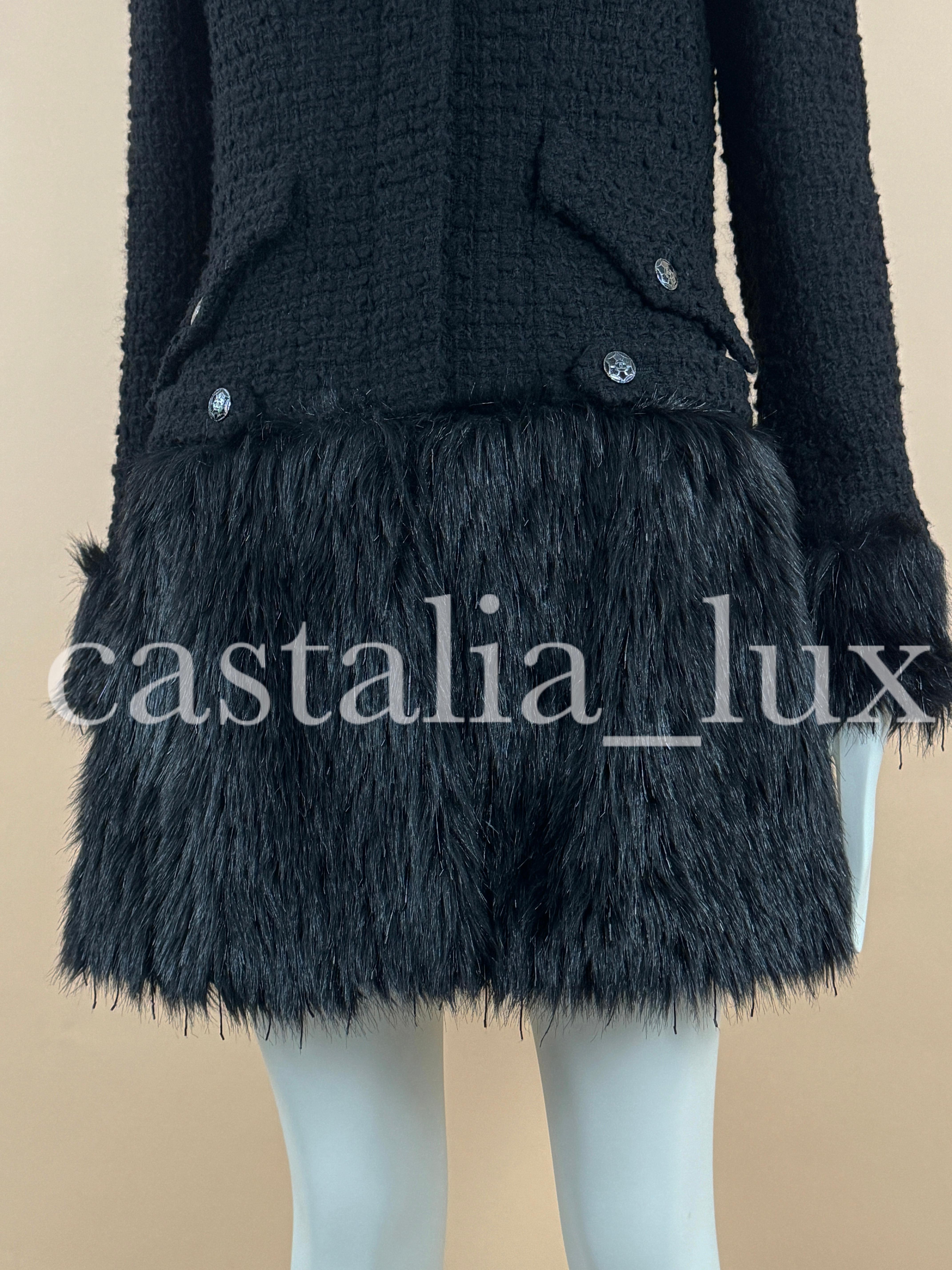Chanel Jewel Embellishment Black Tweed Coat with Faux Fur Details For Sale 6