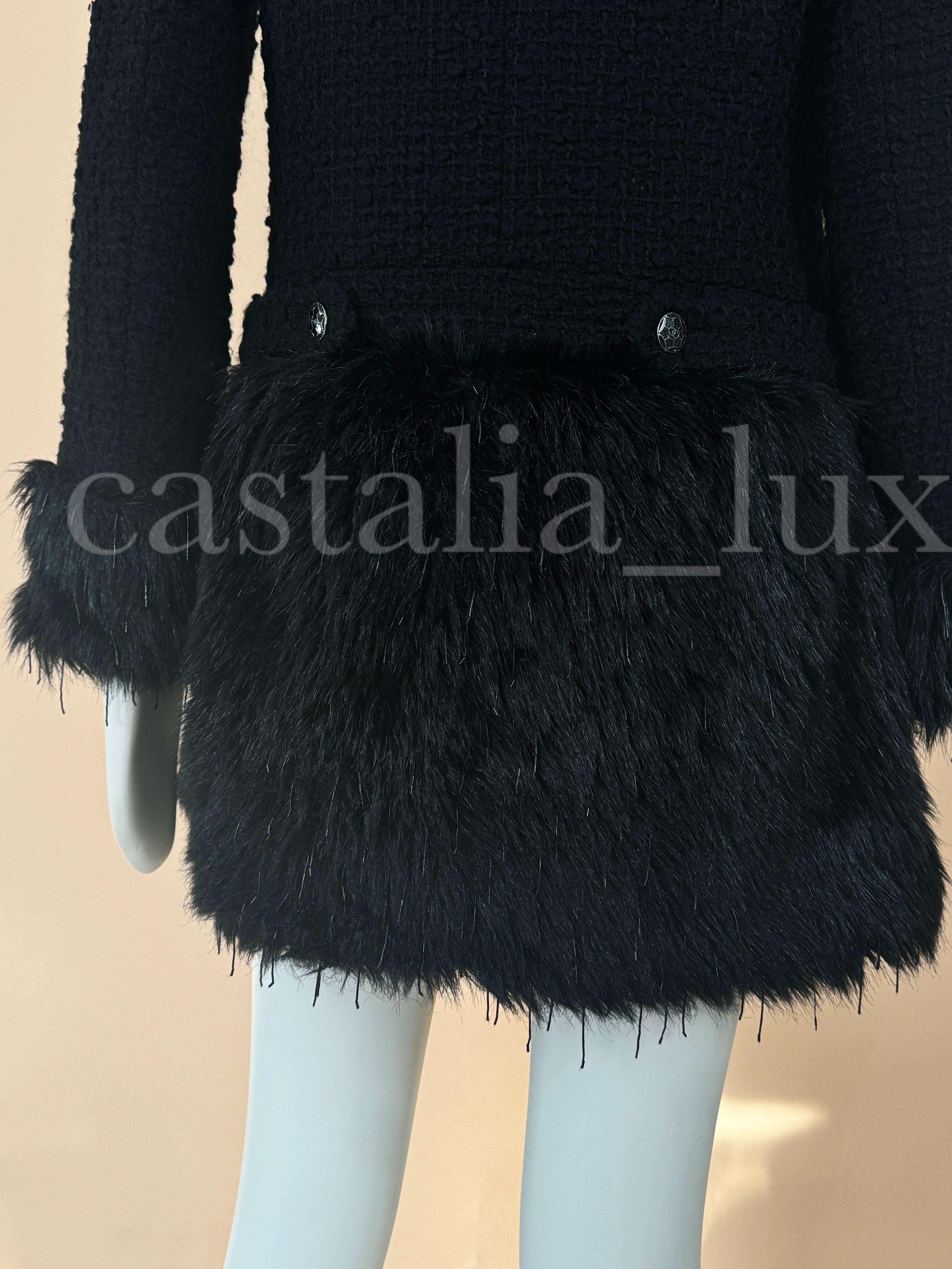 Chanel Jewel Embellishment Black Tweed Coat with Faux Fur Details For Sale 10
