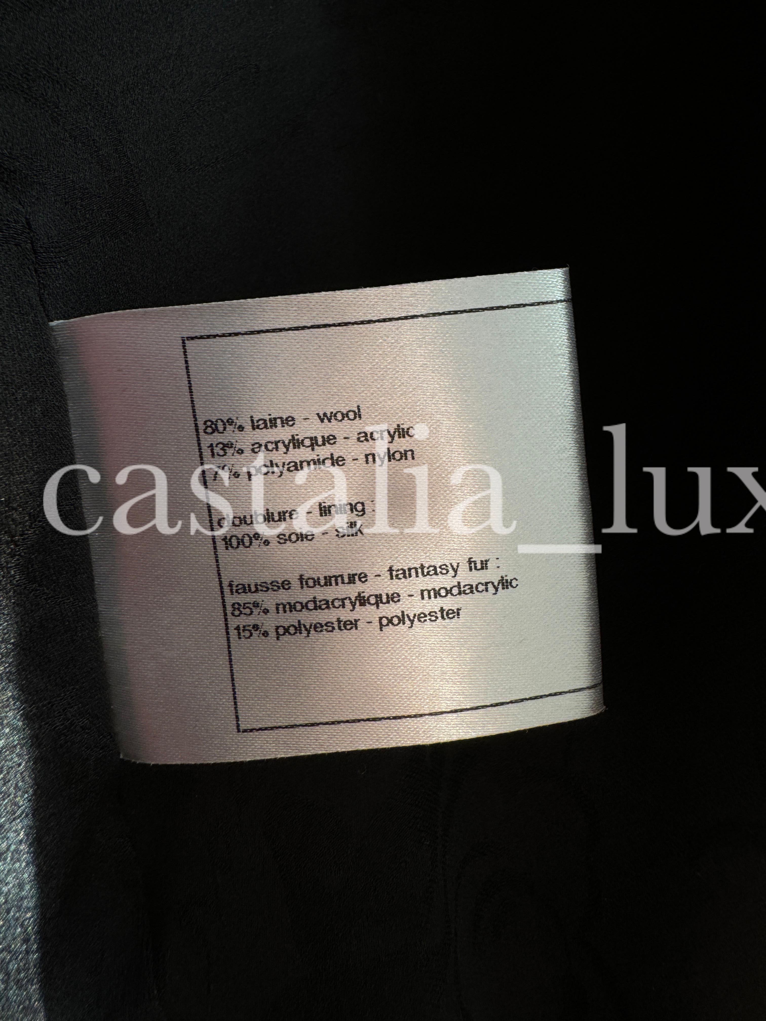 Chanel Jewel Embellishment Black Tweed Coat with Faux Fur Details 13