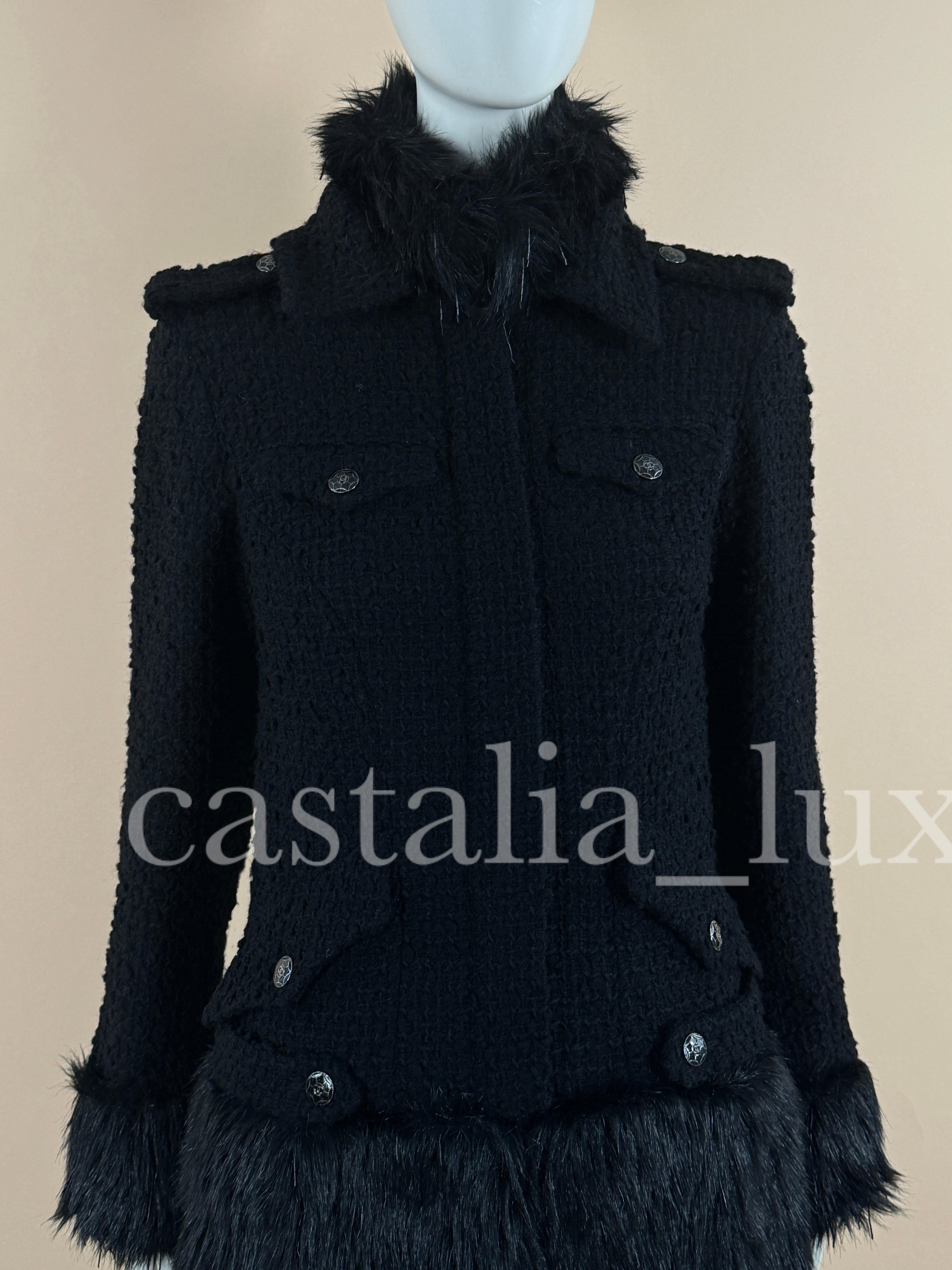 Chanel Jewel Embellishment Black Tweed Coat with Faux Fur Details In New Condition For Sale In Dubai, AE