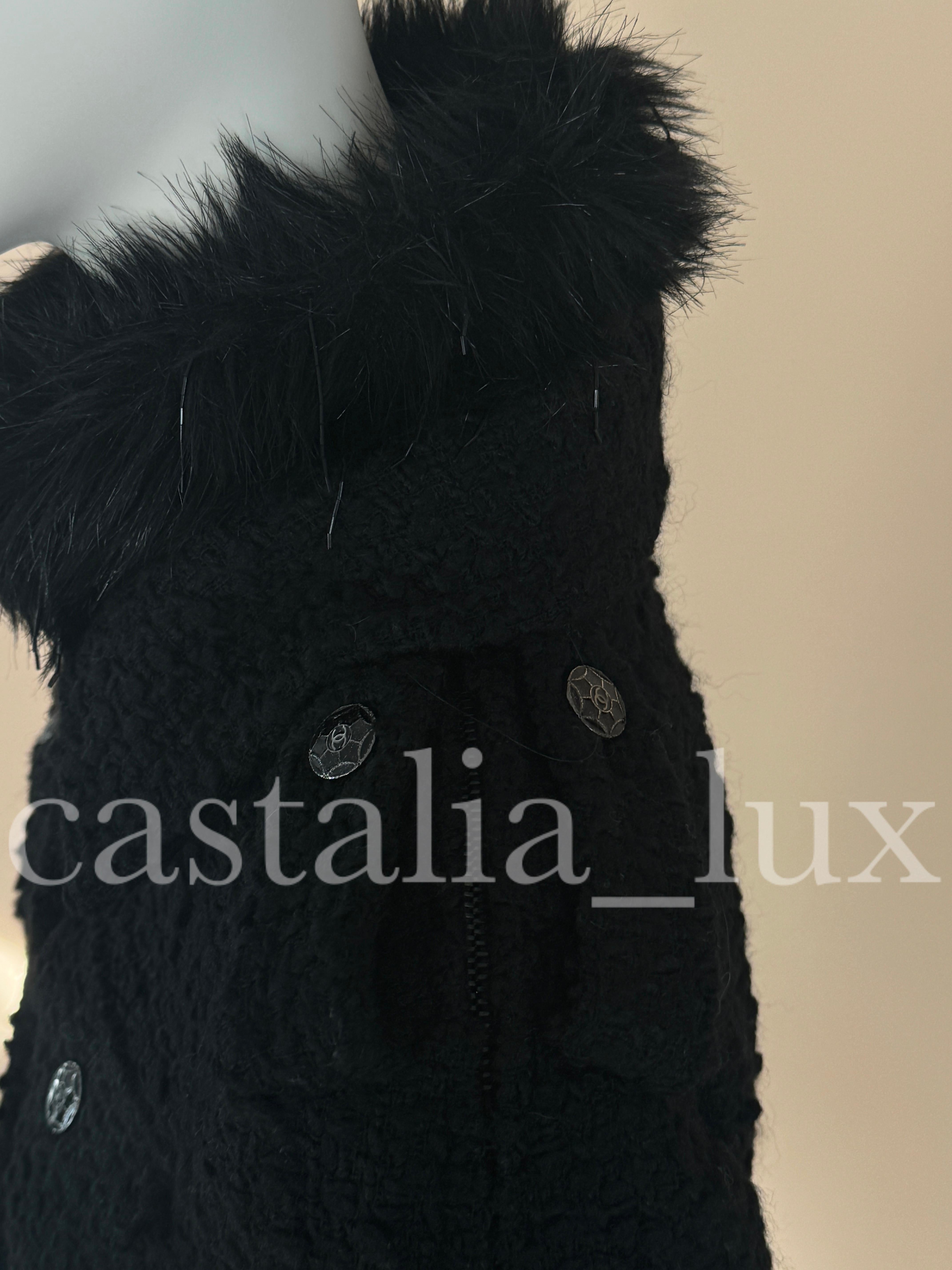 Chanel Jewel Embellishment Black Tweed Coat with Faux Fur Details For Sale 4