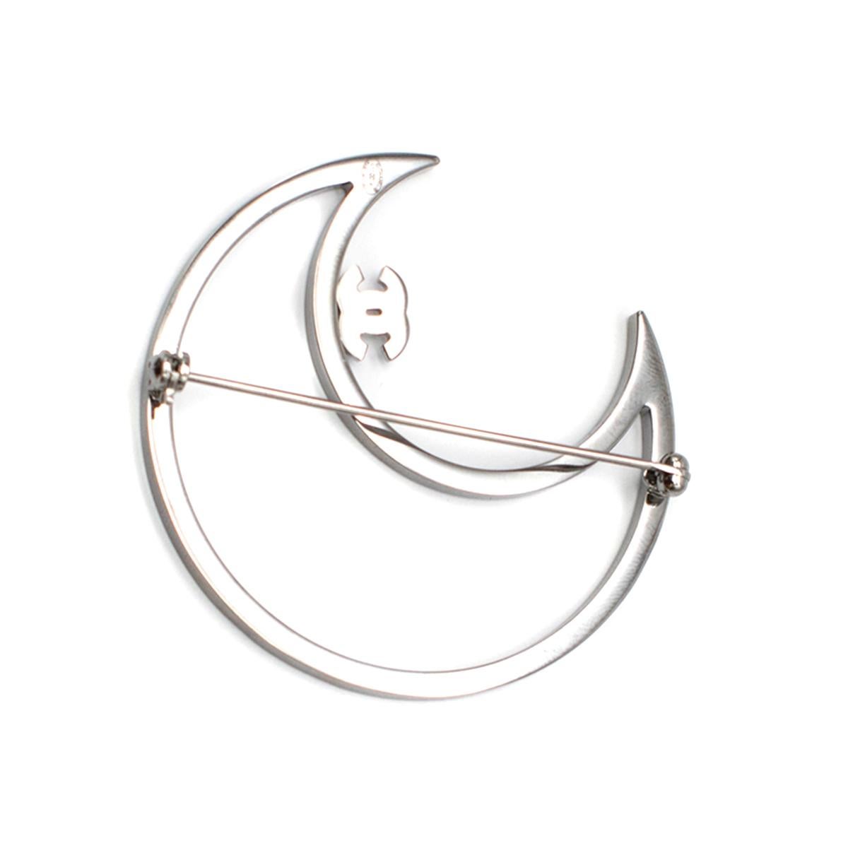 Chanel Jewelled Ruthenium Crescent Moon Brooch In Excellent Condition In London, GB