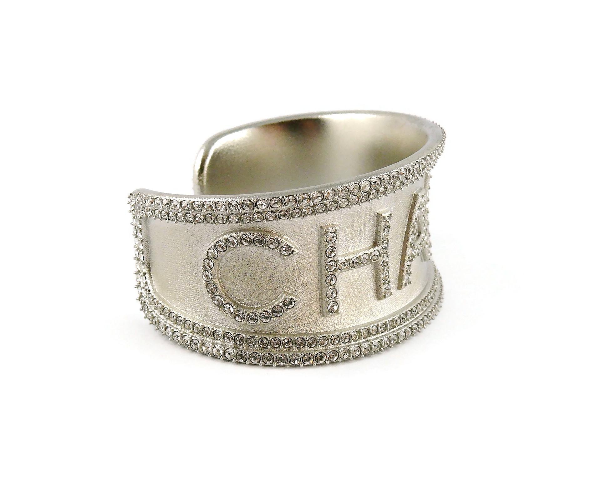 Chanel Jewelled Silver Toned Script Monogram Cuff Bracelet In Excellent Condition In Nice, FR