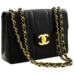 CHANEL Jumbo 11" Chain Shoulder Bag Black Vertical Quilted Lamb