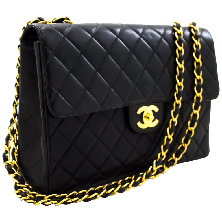 CHANEL Jumbo 11&quot; Large Chain Shoulder Bag Flap Lambskin Black Leather For Sale at 1stdibs
