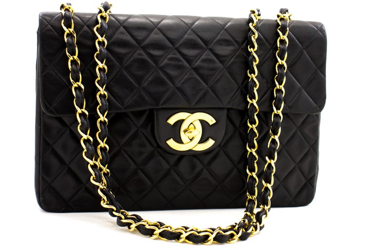 Chanel Jumbo 13 Maxi 2.55 Chain Flap Shoulder Bag Lambskin Black