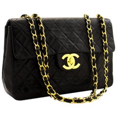 CHANEL Jumbo 13" Maxi 2.55 Chain Flap Shoulder Bag Lambskin Black