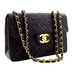 CHANEL Jumbo 13" Maxi 2.55 Chain Flap Shoulder Bag Lambskin Black