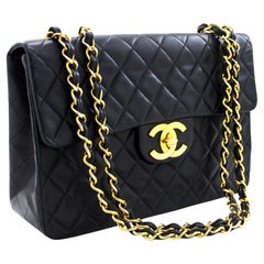 CHANEL Jumbo 13" Maxi 2.55 Chain Flap Shoulder Bag Lambskin Black