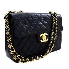 CHANEL Jumbo 13" Maxi 2.55 Chain Flap Shoulder Bag Lambskin Black Leather