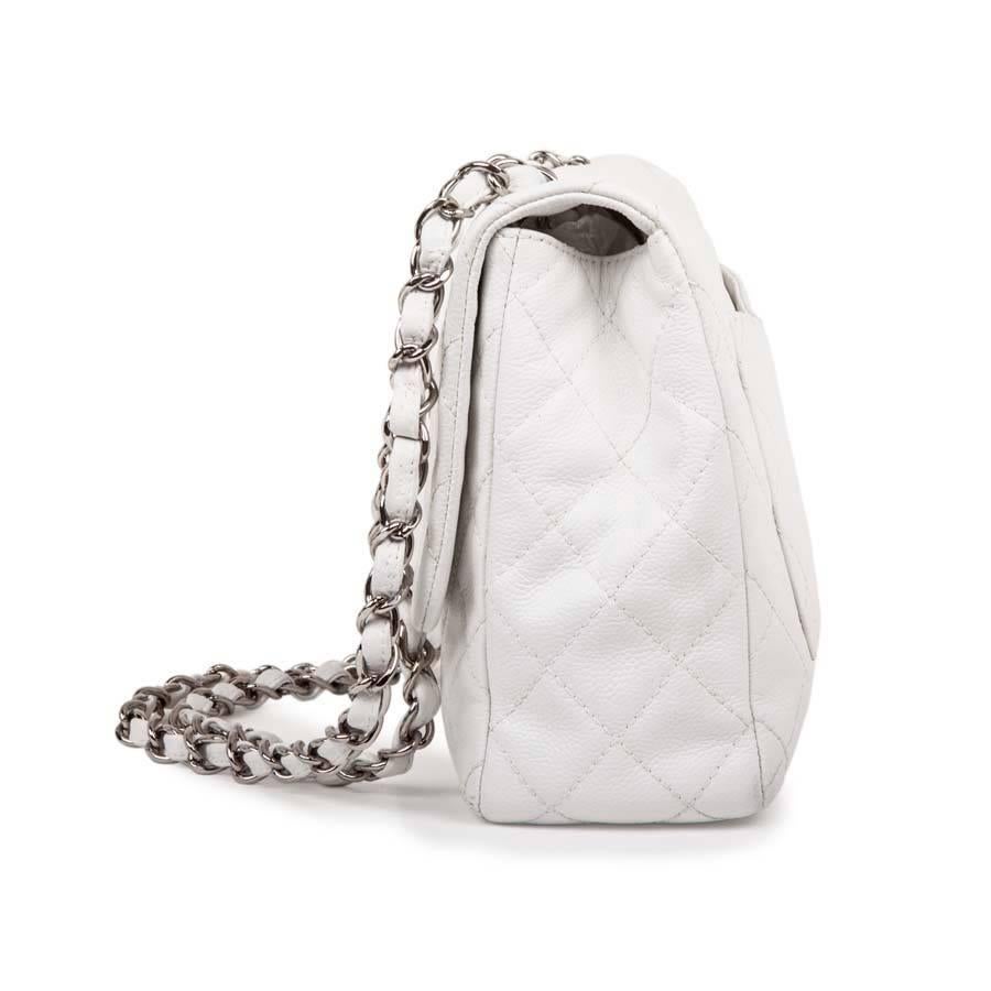 Gray Chanel Jumbo Bag in White Grained Leather
