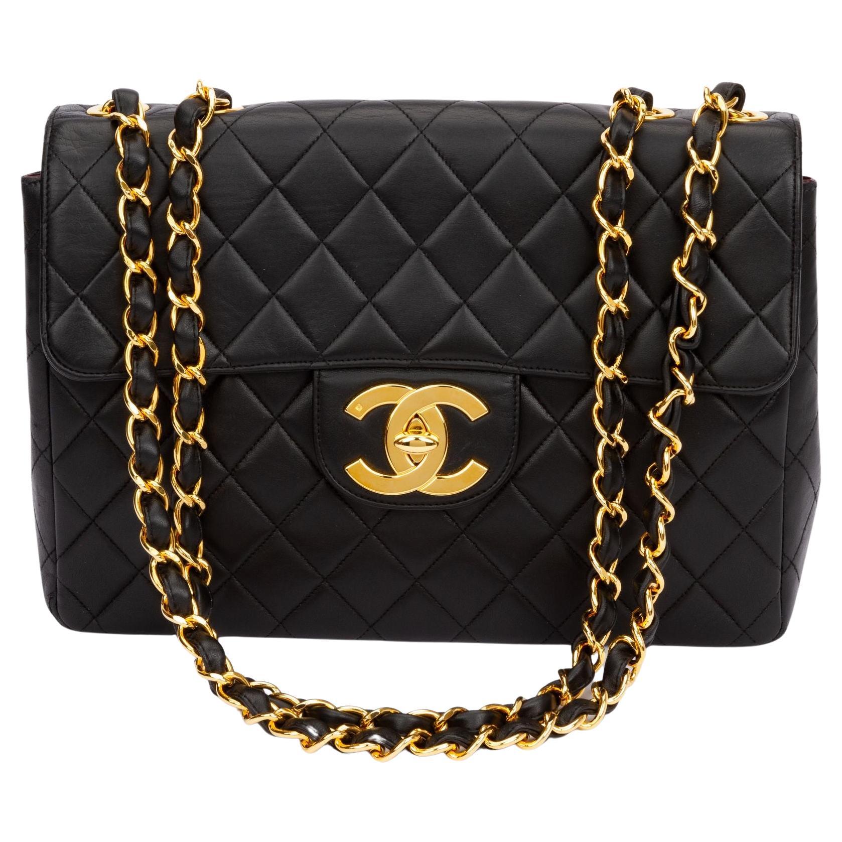 Chanel Jumbo Black 24kt Logo Flap Bag For Sale