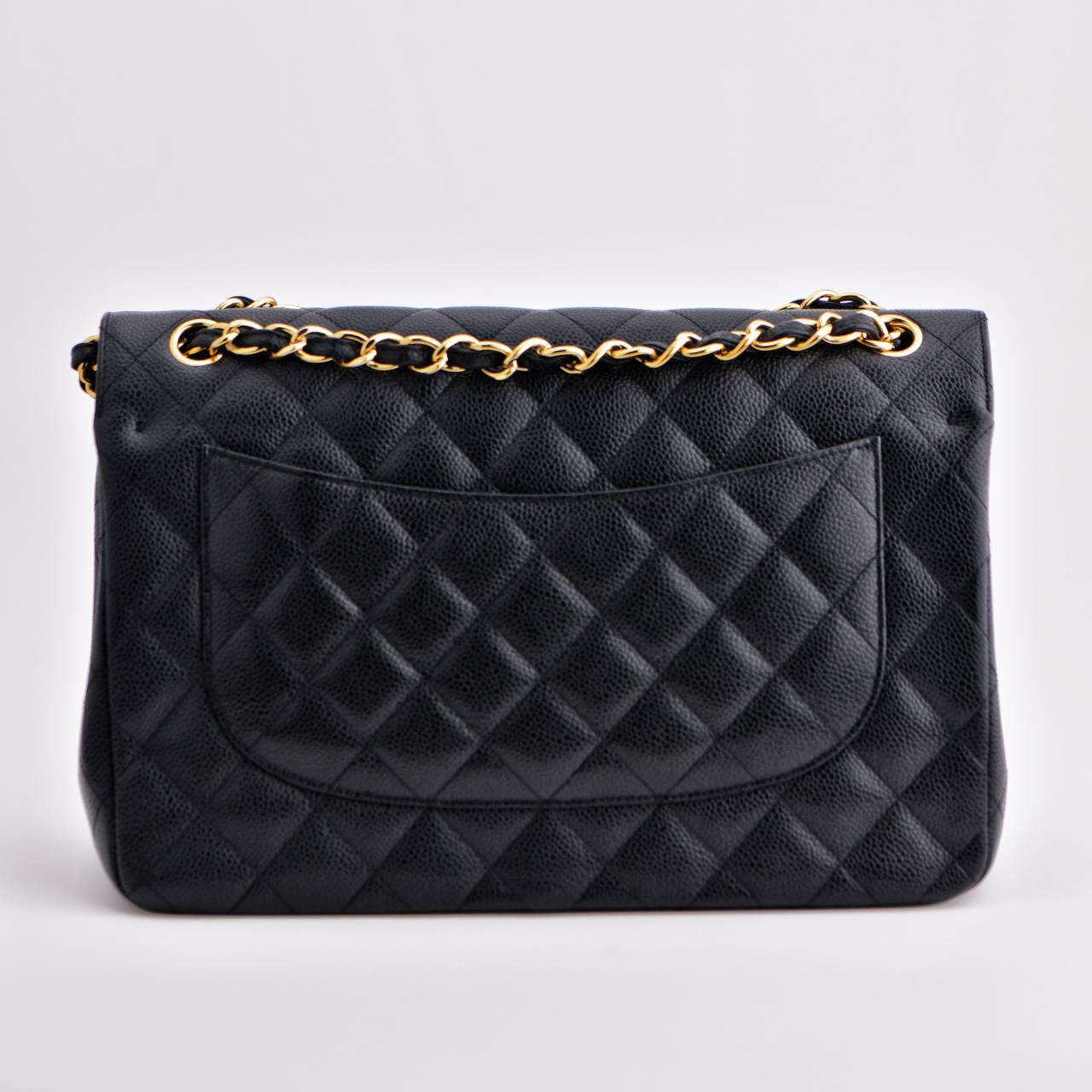 CHANEL Jumbo Black Calfskin Caviar Double Flap Bag with GHW For Sale 6