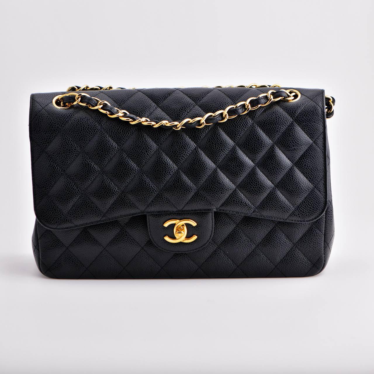 CHANEL Jumbo Black Calfskin Caviar Double Flap Bag with GHW For Sale 9