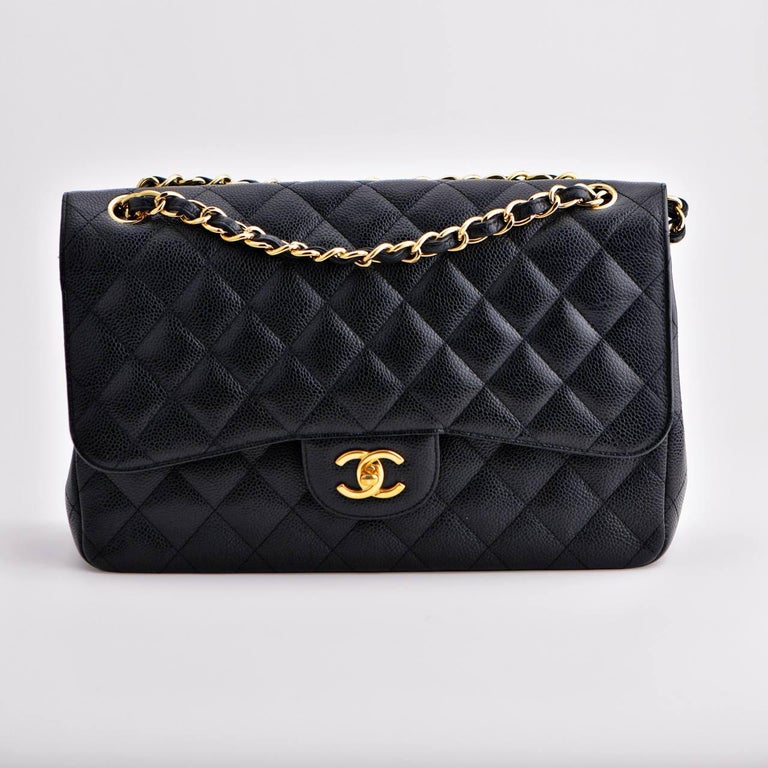 Chanel 2018 Black Lambskin Leather Jumbo Double Flap Shoulder Bag GHW