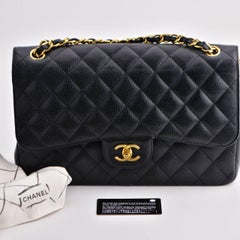 CHANEL Jumbo Black Calfskin Caviar Double Flap Bag with GHW
