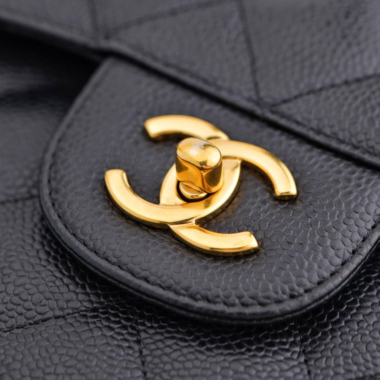 CHANEL Jumbo Black Calfskin Caviar Double Flap Bag with GHW For Sale 3