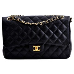 CHANEL Jumbo Schwarze Tasche aus Kalbsleder in Kaviar mit doppelter Klappe und GHW