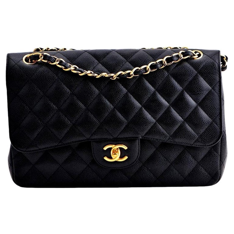 CHANEL Black Quilted Calfskin Caviar Timeless Classic Jumbo Double Flap Bag  For Sale at 1stDibs