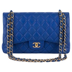 Used Chanel Jumbo Blue Quilted Double Flap