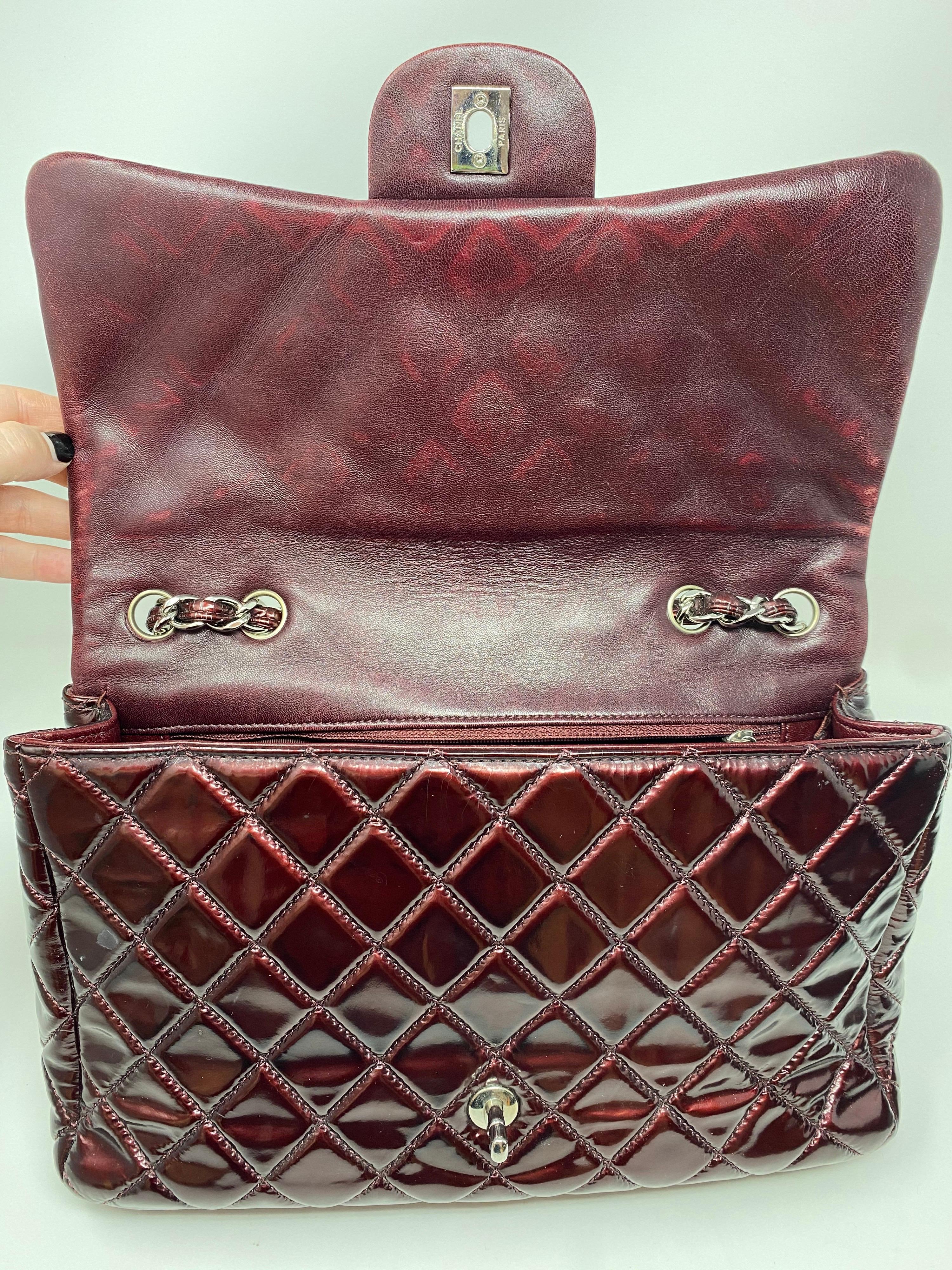 Women's or Men's Chanel Jumbo Burgundy Patent Leather Bag 