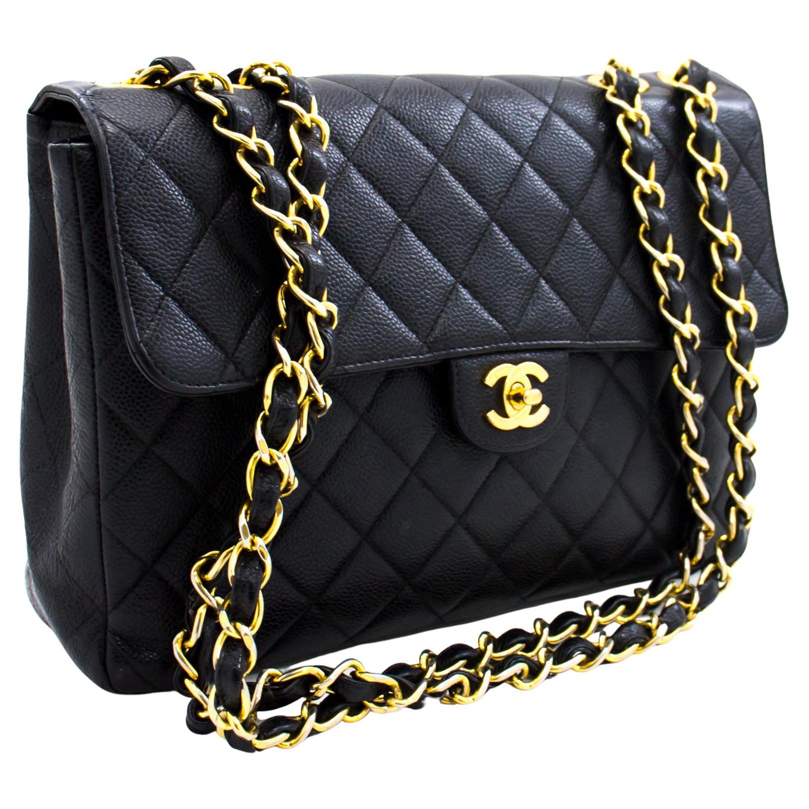 CHANEL Jumbo Caviar 11" Large Chain Shoulder Bag Flap Black Quilt For Sale