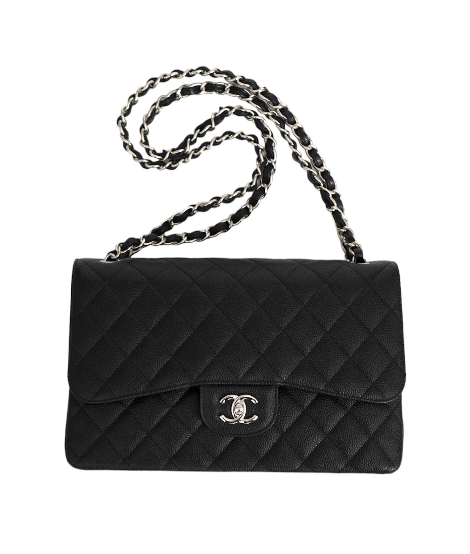 Chanel Jumbo Caviar Leather Black Classic Flap Bag.
Silver Hardware - Perfect condition - New with box
Depth: 3.25 
Length: 12” 
Height: 8” 
Handle Drop: 13.5”
	
