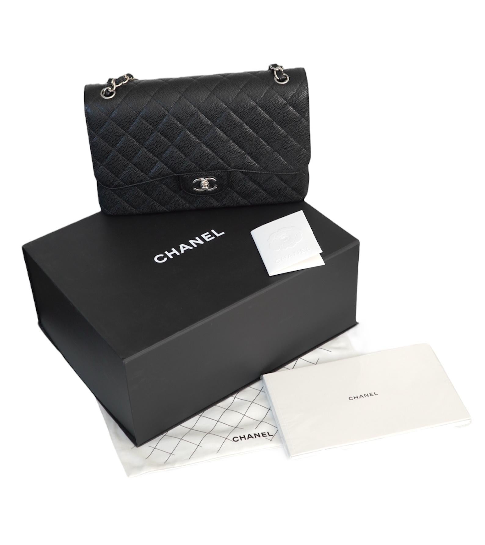 Chanel Jumbo Caviar Leather Black Classic Flap Bag For Sale 2