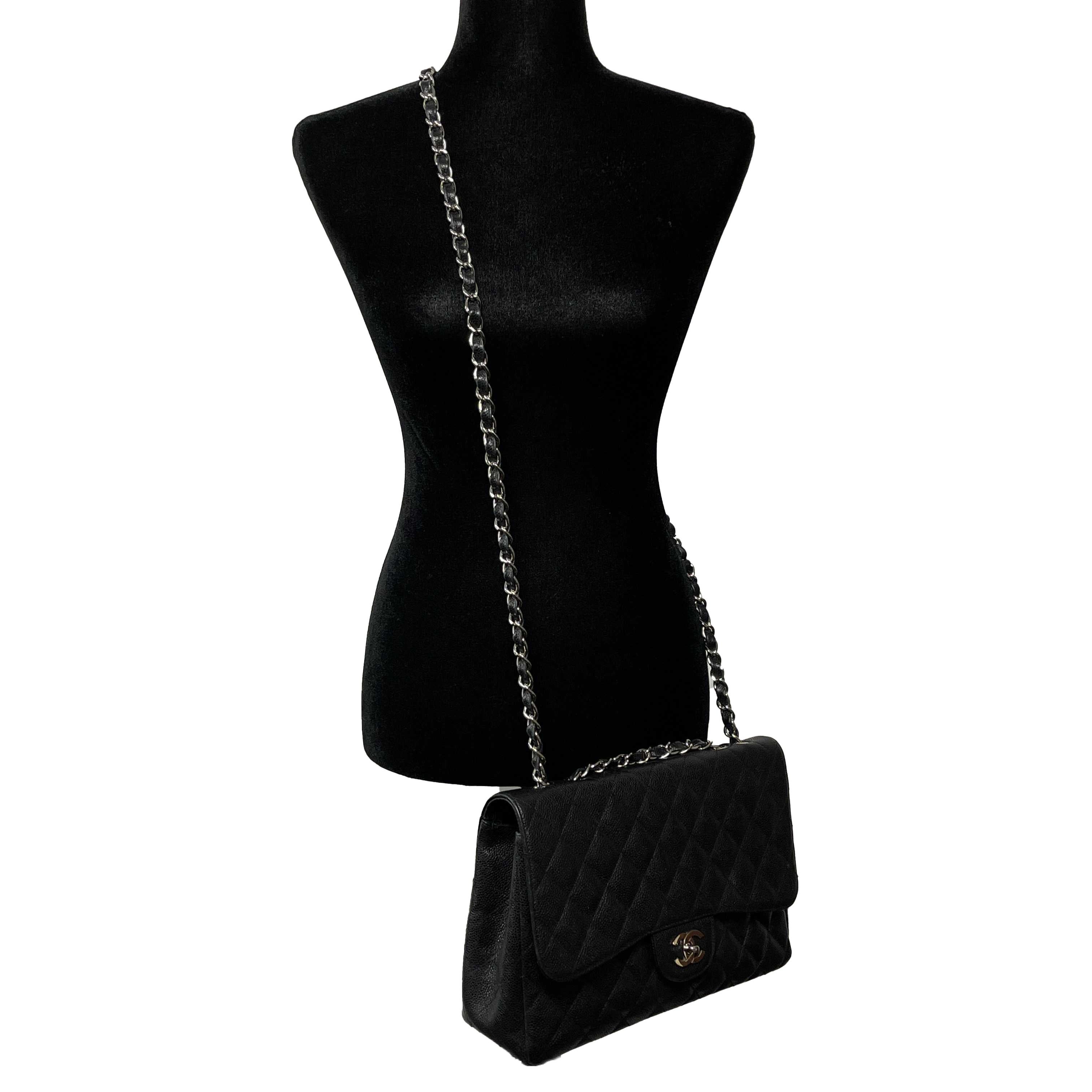 CHANEL - Jumbo Caviar Leather CC Classic Flap - Black / Silver Shoulder Bag 7