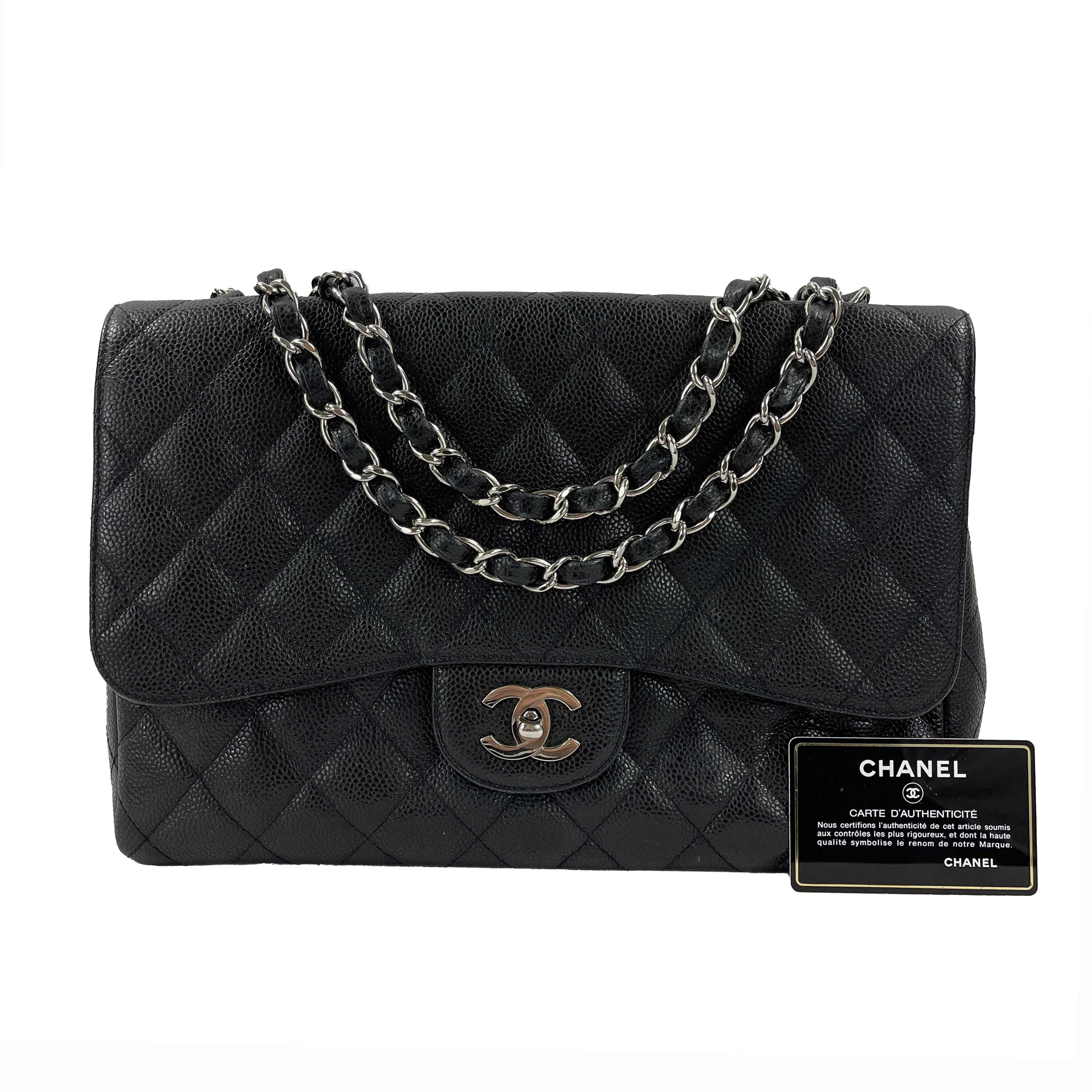 CHANEL - Jumbo Caviar Leather CC Classic Flap - Black / Silver Shoulder Bag 1