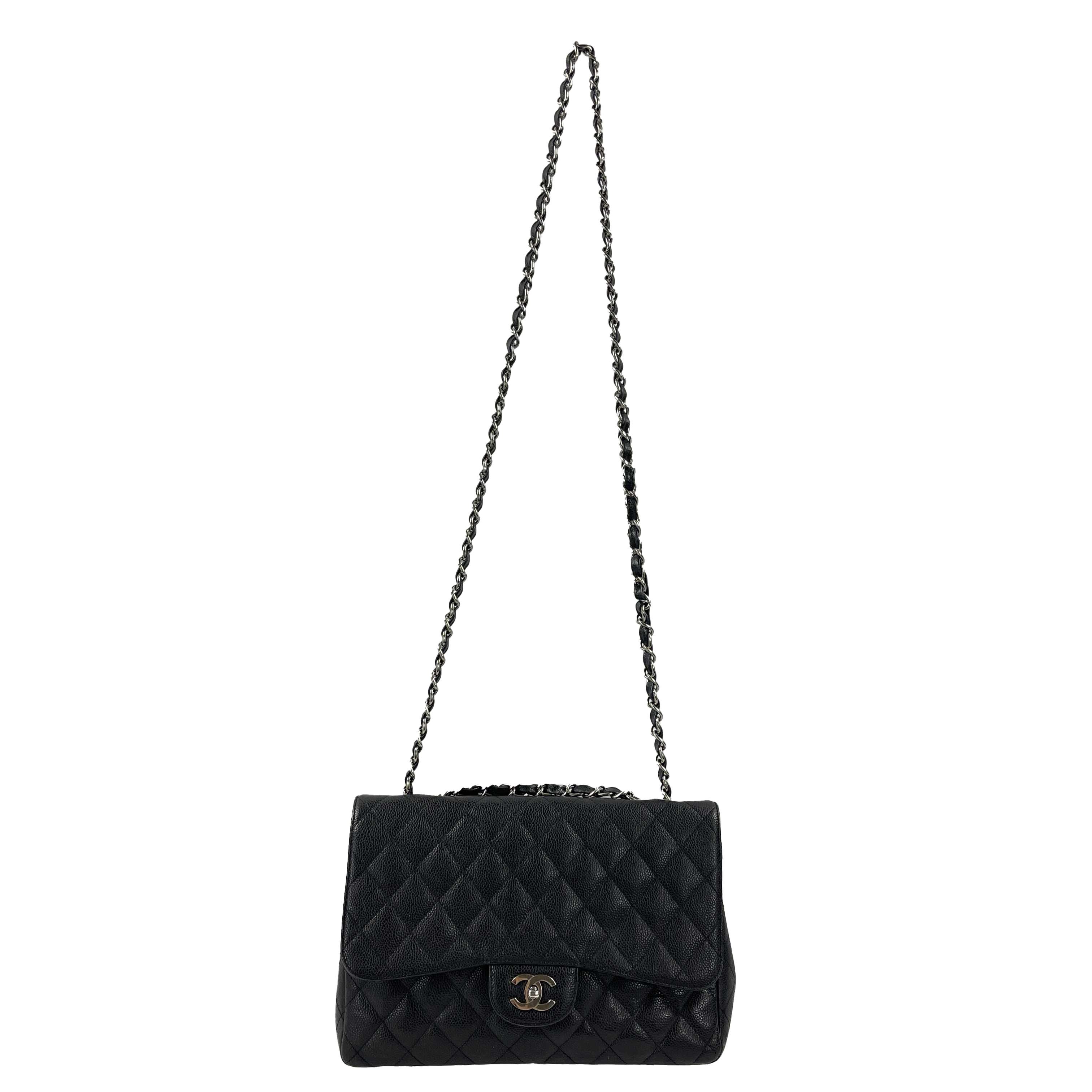 CHANEL - Jumbo Caviar Leather CC Classic Flap - Black / Silver Shoulder Bag 3