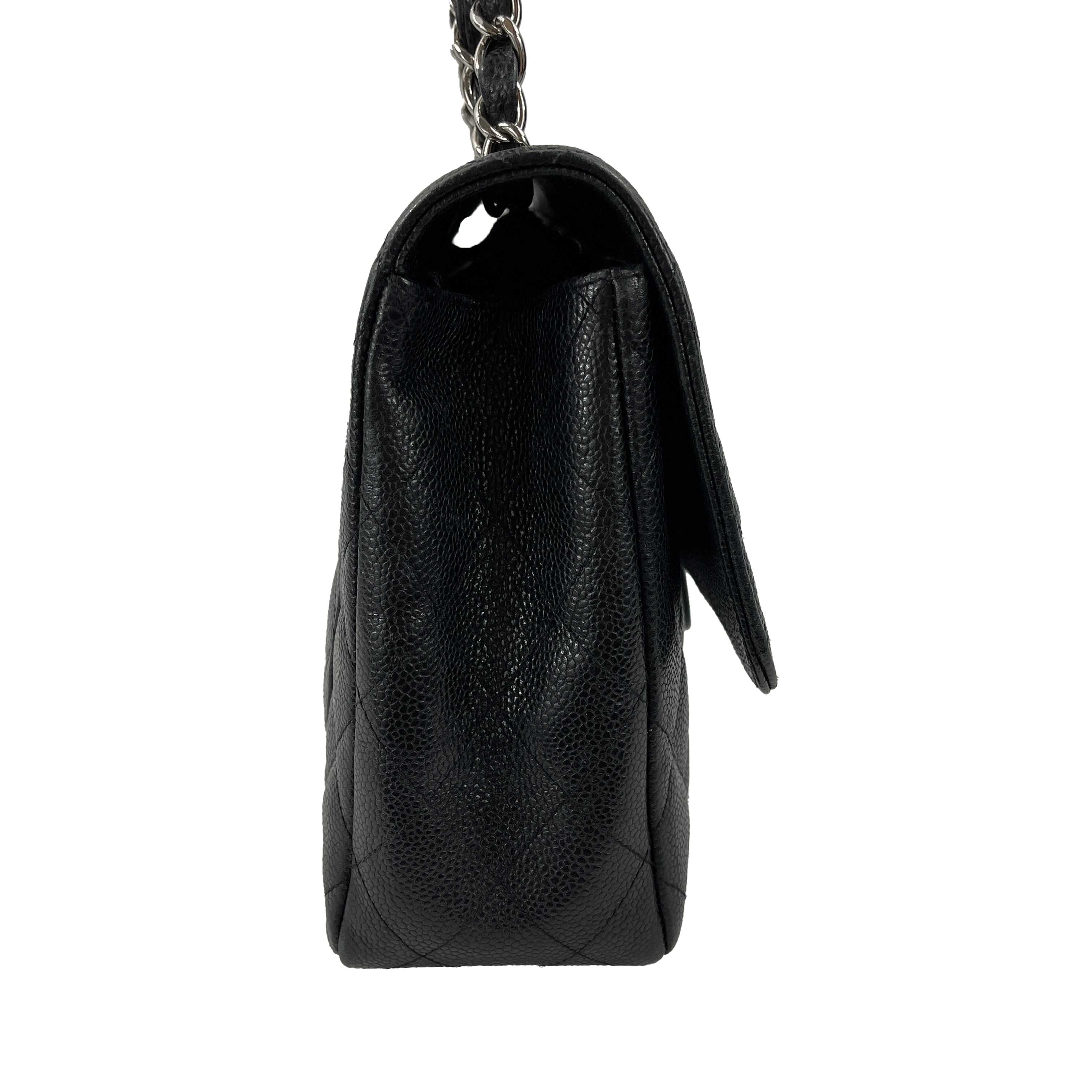 CHANEL - Jumbo Caviar Leather CC Classic Flap - Black / Silver Shoulder Bag 4