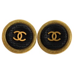 Retro Chanel '"Jumbo" CC Gold /Black Clip On Earrings. Date Stamped Spring 1994.