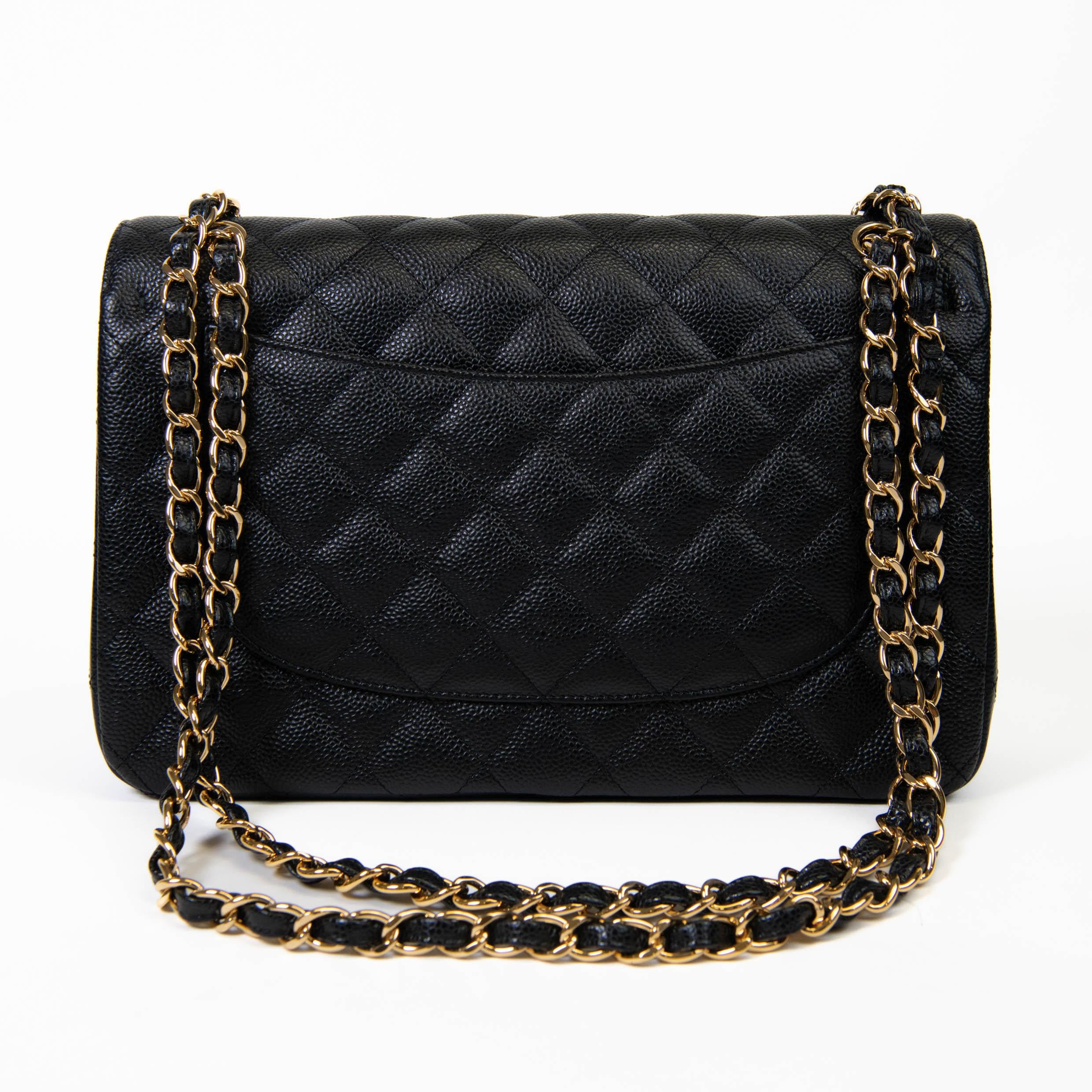 Chanel Jumbo Classic Double Flap Bag Black Caviar Gold Hardware In Excellent Condition For Sale In Corona Del Mar, CA