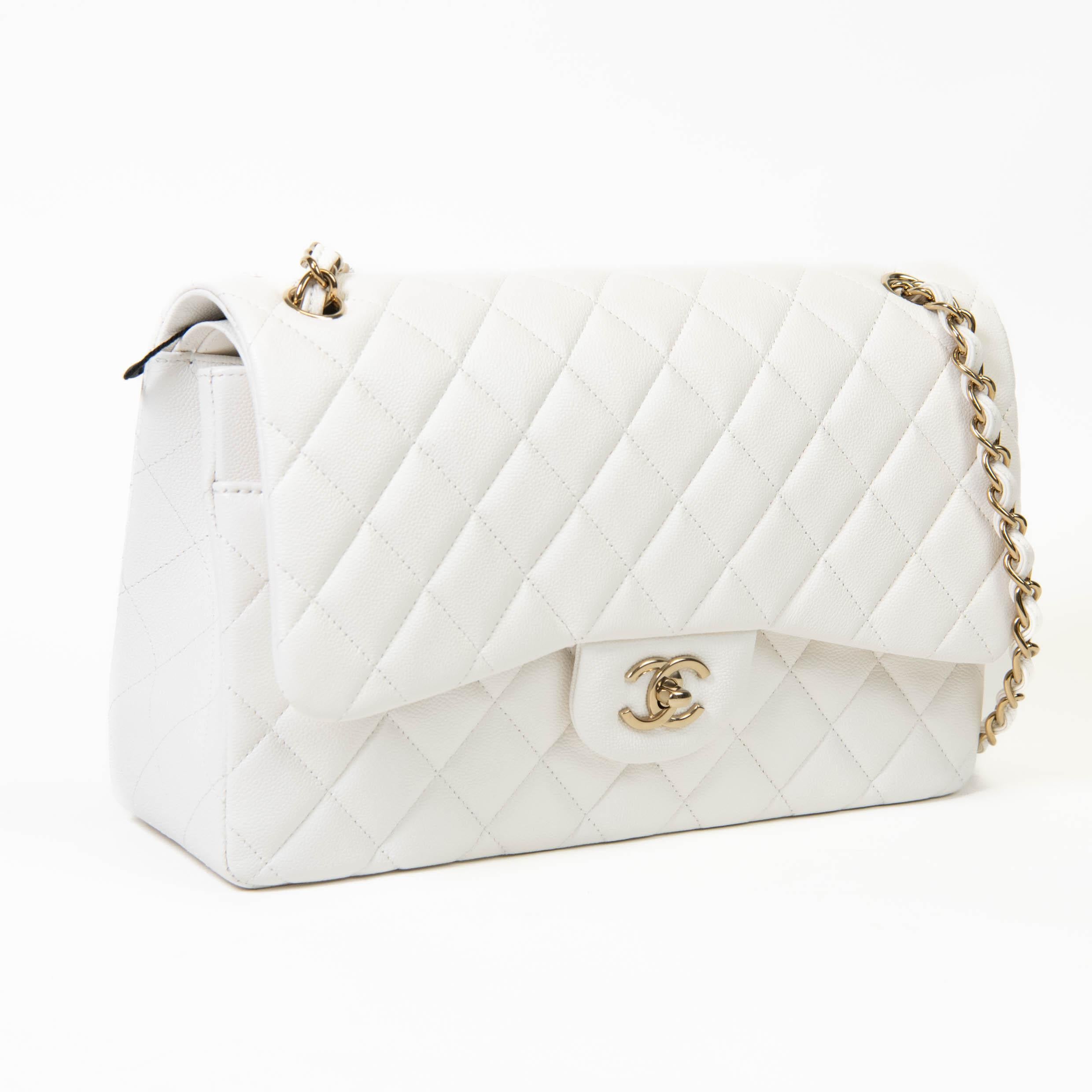 Women's or Men's Chanel Jumbo Classic Double Flap Bag White Caviar Light Gold Hardware