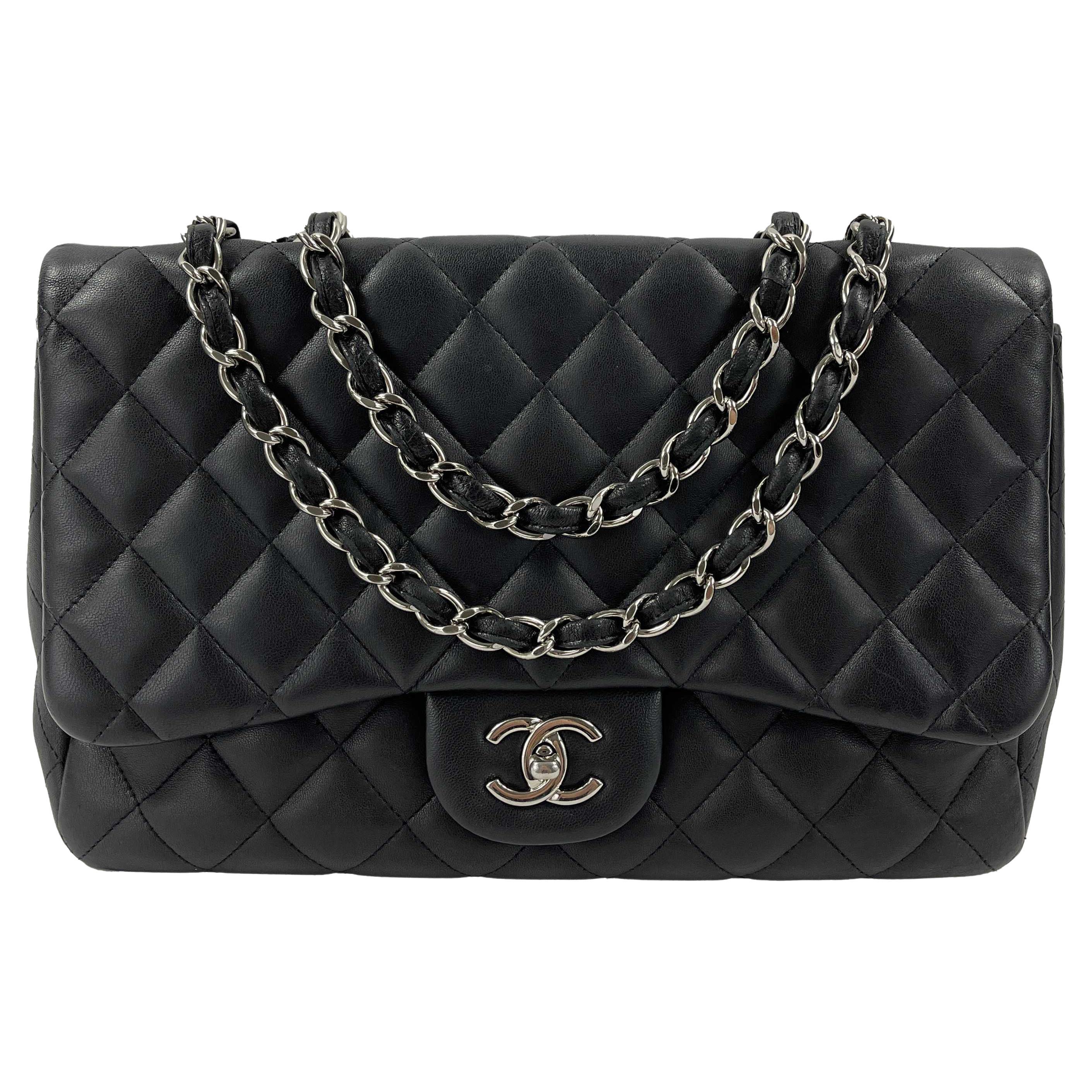 CHANEL Jumbo Classic Flap CC Quilted Black Lambskin Shoulder Bag 