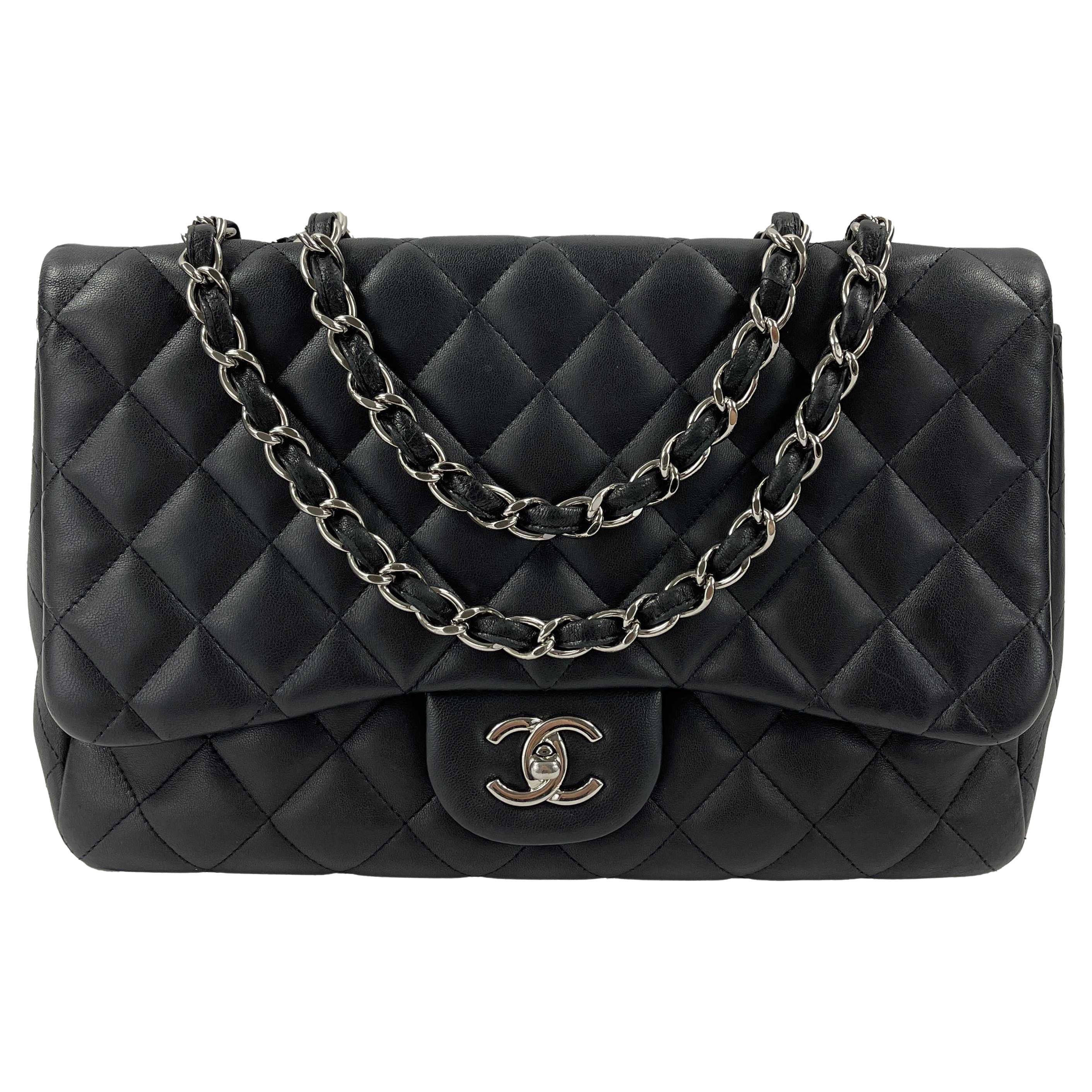 	CHANEL - Jumbo Classic Flap CC Quilted Black Lambskin Shoulder Bag / Crossbody For Sale