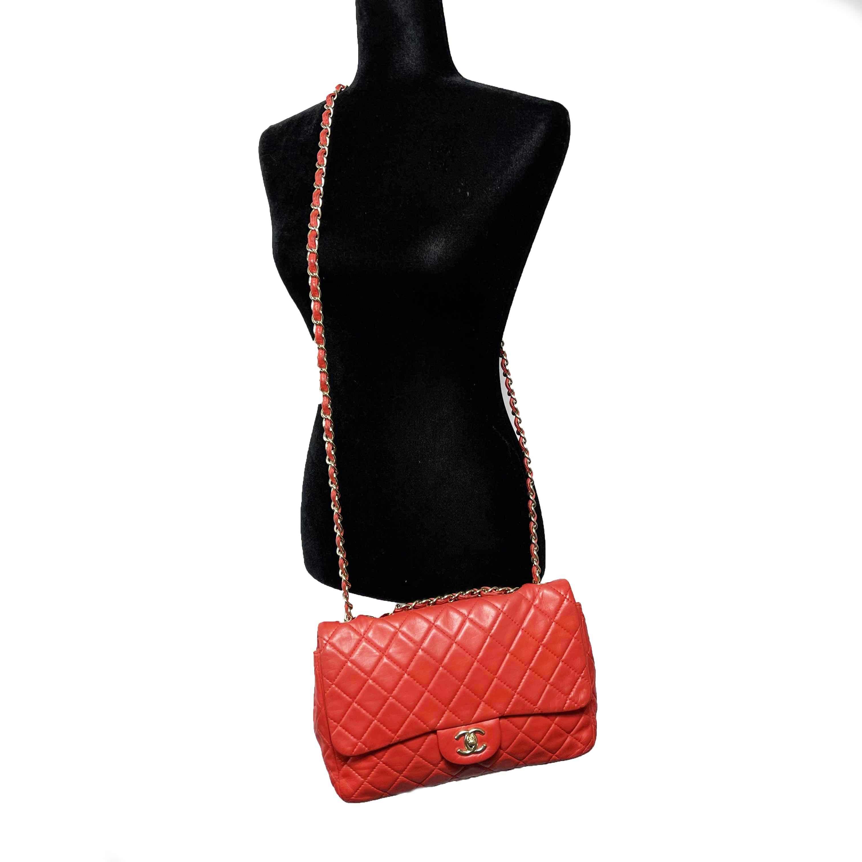 CHANEL Jumbo Classic Flap Red Lambskin Shoulder Bag In Good Condition In Sanford, FL